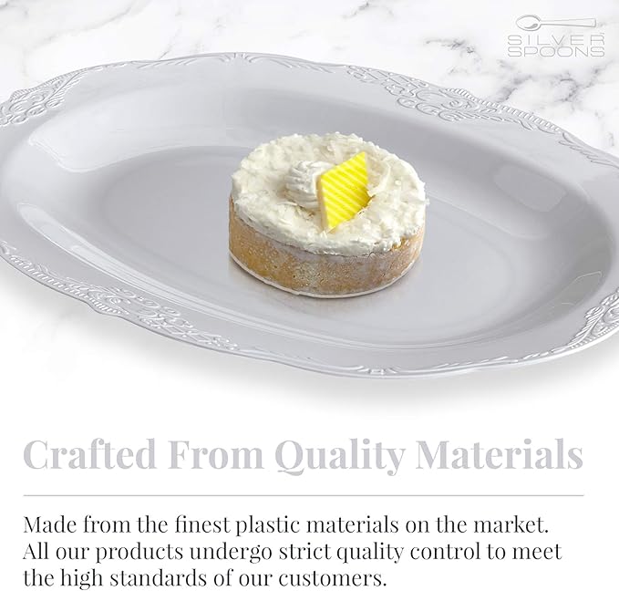 Vintage Embossed Serving Trays (3 PC) Disposable Platters for Party 12.5" x 9", Plastic Trays for Food, Snacks, Charcuterie, Desserts, Sweets, Perfect for Upscale Weddings, Buffets, and Events - Grey