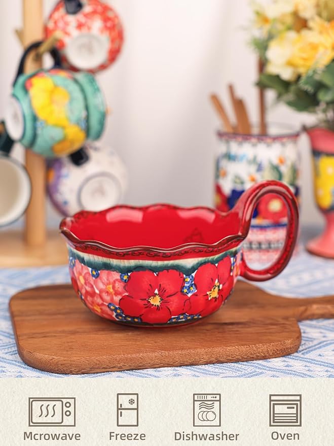 silesia Handmade Ceramic Soup Bowl, 30 oz Hand Painted Bowl with Loop Handle, Floral Design Cereal Bowl for Soup, Ice cream, Snack, Microwave & Dishwasher Safe (Glazed Red)