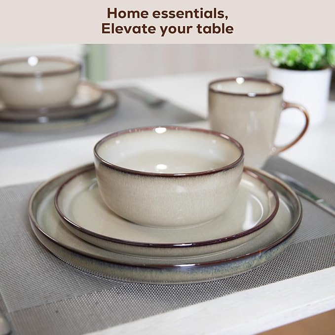 Romswi Ceramic 18Pcs Dinnerware Sets,Stoneware Plates and Bowls Set for 6, Chip & Scratch Resistant Dish Set, Handmade Reactive Glaze Plate Set, Oven, Microwave & Dishwasher Safe,Wheat Green