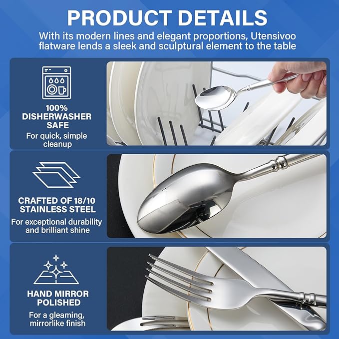 40-Piece Silverware Set for 8，Serenity Flatware Set 18/10 Stainless Steel，Fine Cutlery Set with Forks, Knives, Spoons，Durable and Elegant Design Tableware，Dishwasher Safe