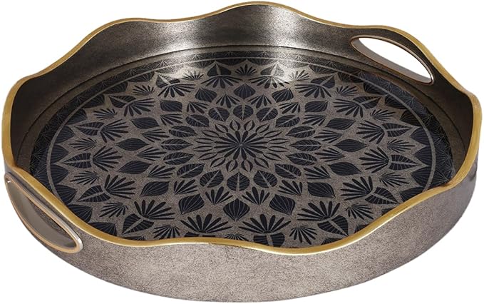 SINT Serving Tray with Antique Look & Stylish Design, Decorative Trays with Handles for Kitchen, Round Ottoman Tray for Dinning | Living Room & Home Décor | Pack of 2