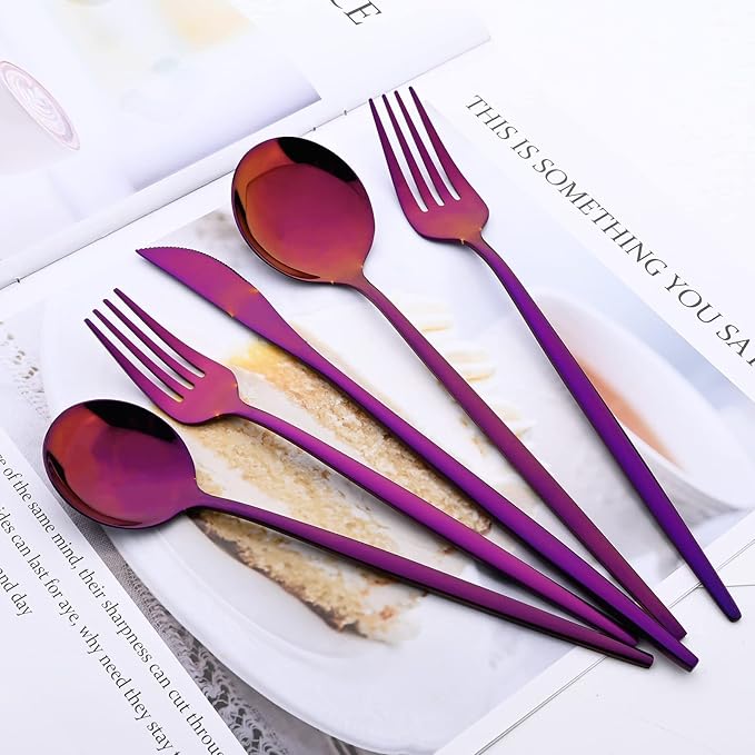 24Pcs Purple Mirror Silverware Flatware Set, 18/0 Stainless Steel Cutlery Set Utensils Kitchen Dinnerware Include Knife Fork Spoon and Teaspoon, Service for 4