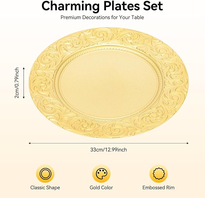 100 Pcs Antique Charger Plates 13 Inch Embossed Rim Plastic Decorative Round for Table Setting Wedding Party Event Tabletop Setting Decor (Gold)