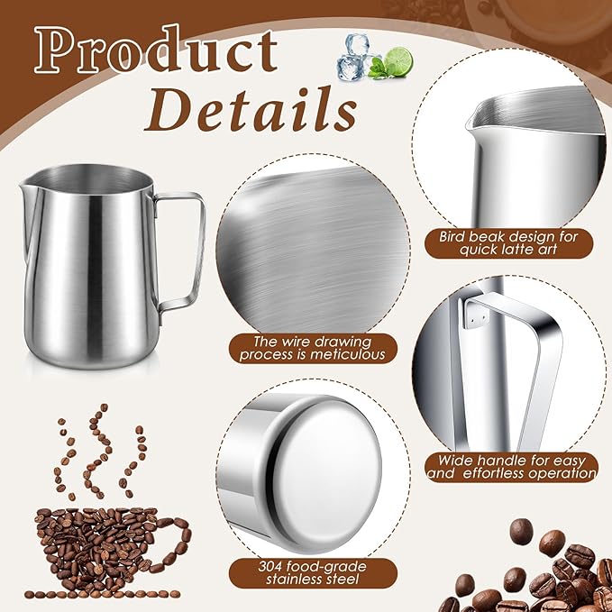 2 Pack Stainless Pitcher, 67 oz Milk Frothing Jug with Handle and Pour Lip, Heavy Duty Metal Pitcher for Iced Tea Hot Cold Water, 2000ml (8 Cup)