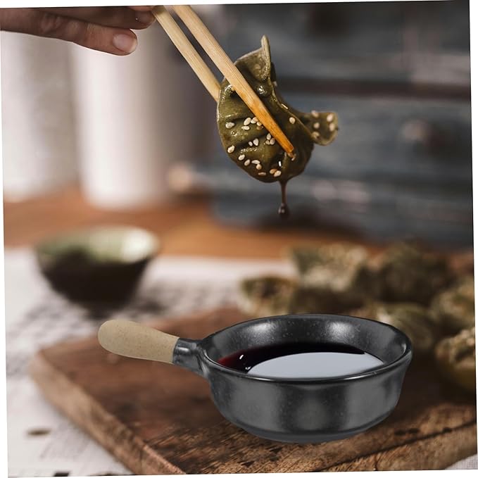 VOSAREA Porcelain Dipping Dish with Ergonomic Handle Ceramic Sauce Bowl for Sushi Condiments Appetizer Plate Black Seasoning Cup for Dining and Parties