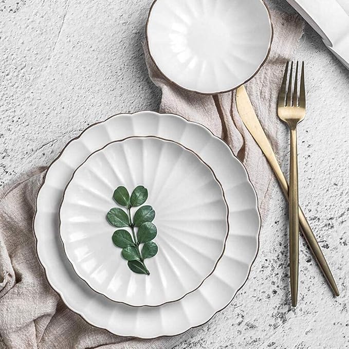 Pottery Tableware,35 Pieces Simplest White Ceramics Plates Bowls Combination Porcelain Petal Shape Combination Set
