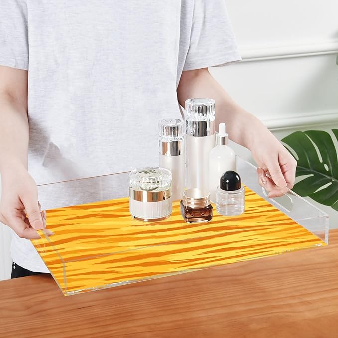 Serving Tray with Handles Clear Acrylic Tray 12x16 Inch Decorative Rectangular Tray Organizer for Ottoman Coffee Table Bathroom Bright Orange Yellow Tiger Print