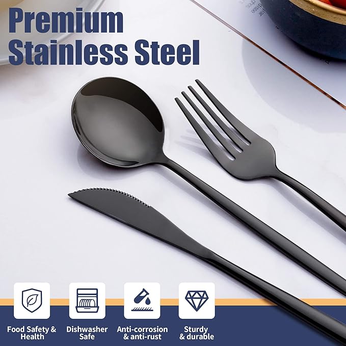 40 Piece Black Silverware Set, Stainless Steel Flatware Cutlery Set Service for 8 Including Forks Spoons Knives,Kitchen Utensil Set,Tableware for Home and Restaurant, Dishwasher Safe
