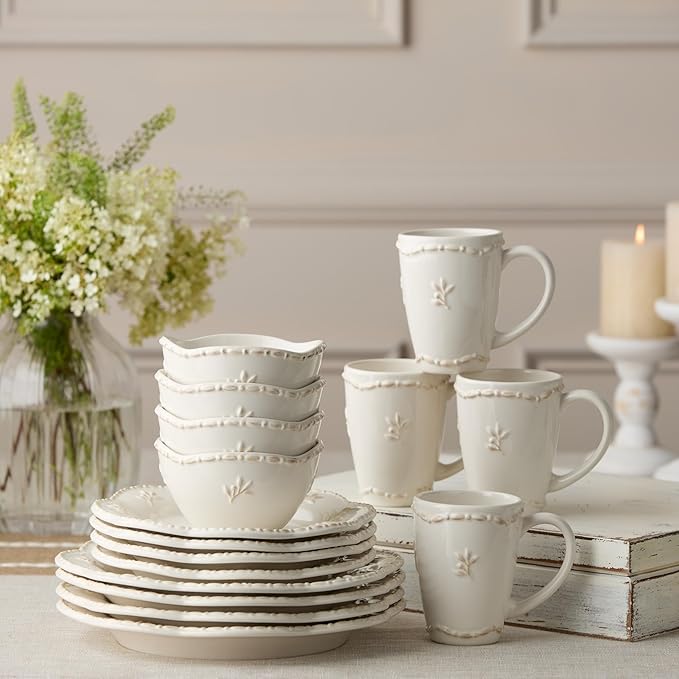 Heritage Beads 16pc Stoneware Dinnerware Set – Classic Cream White Plates, Bowls & Mugs with Raised Bead Accents – Elegant Vintage-Inspired Tableware, Service for 4, Dishwasher Safe