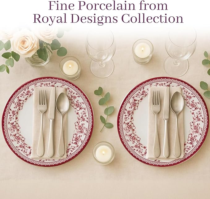 TUDOR Royal Collection 12-Piece Round Porcelain Dinnerware Set, Service for 4 with Dinner Plates, Bowls, and Salad Plates, Aster Pink Red Floral Design, High Gloss Finish, Durable & Premium Quality
