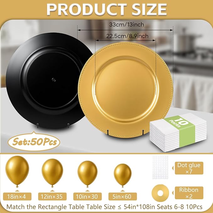 189 Pcs Charger Plates Set Bulk, 50 Pcs 13'' Gold Charger Plates 129pcs Balloons Different Sizes 18 12 10 5 Inch 10 Pack 54 x 108 Inch Disposable Table Cloth Set For Dinner Wedding Party Decoration
