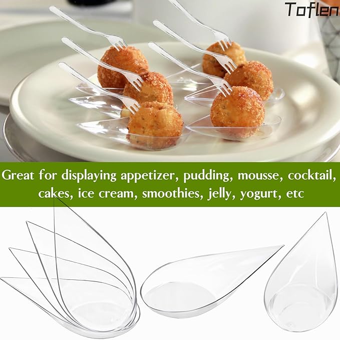 TOFLEN 100ct 4 Inch Tear Drop Mini Appetizer Plates, with Tasting Forks, Reusable Mini Desserts and Appetizers Dishes Tiny Serving Plate - Asian Spoon Set