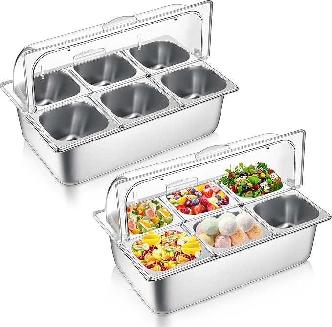 2 Pack Countertop Food Serving Display Container Stainless Steel Food Serving Tray Buffet Condiment Dispenser Display Rack with Clear Roll Top Cover for Buffet(6 Pan and 6 Pan)