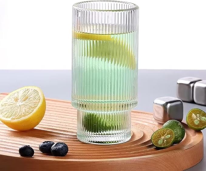 AFINSEA 16OZ Ribbed Glass Cups with Lids and Straws,Iced Coffee Cups with Bamboo Lid,Vintage Glassware for Whiskey Cocktail Beer Fruit Juice Glasses Tumbler(6 Pack)