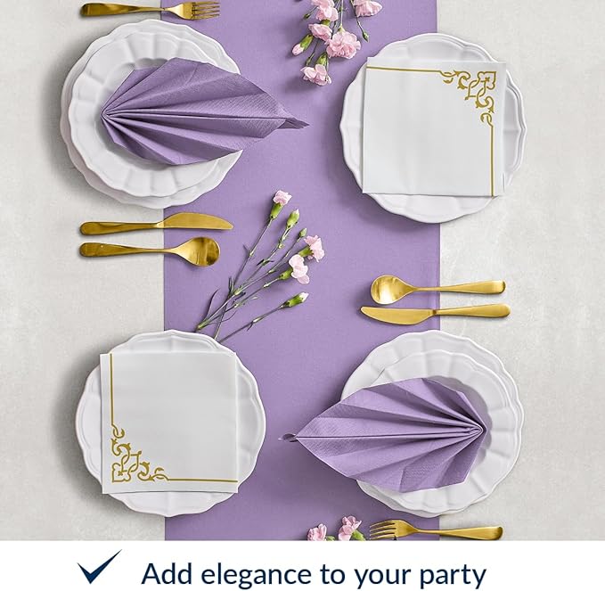 PAW - 50 Pieces Linen-Feel Paper Napkins 16" x 16", Disposable Cloth-Like Napkins Gold, Violet Dinner Napkins for Party, Wedding, Christmas
