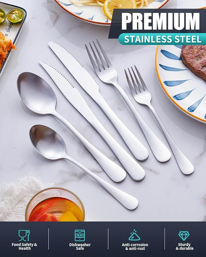 36-Piece Matte Silverware Set With Steak Knives, Stainless Steel Flatware for 6, Modern Cutlery Utensils, Spoons and Forks for Restaurant, Dishwasher Safe