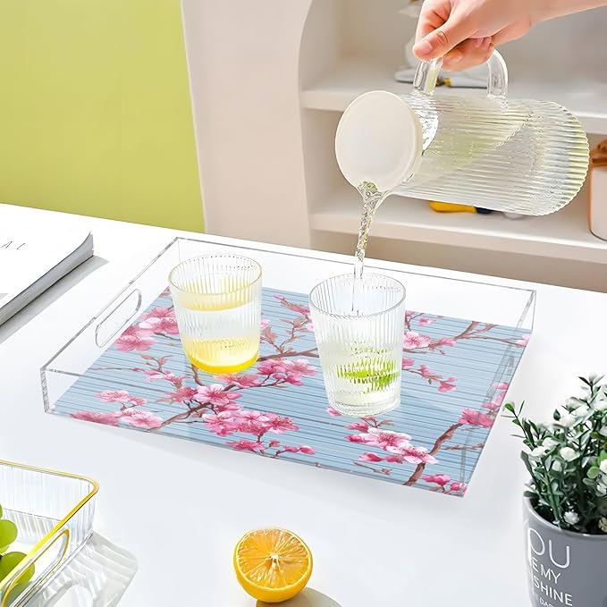 Serving Tray with Handles Clear Acrylic Tray 12x16 Inch Decorative Rectangular Tray Organizer for Ottoman Coffee Table Bathroom Blue Stripes Cherry Blossom