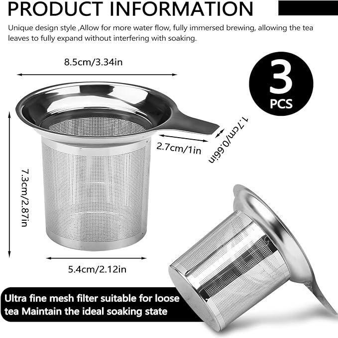 3 Pack Stainless Steel Tea Infuser, Fine Mesh Loose Leaf Tea Steeper Filter With Handle, Reusable Tea Strainer Holder Diffuser for Cup Pot Mug Glass (Silver)