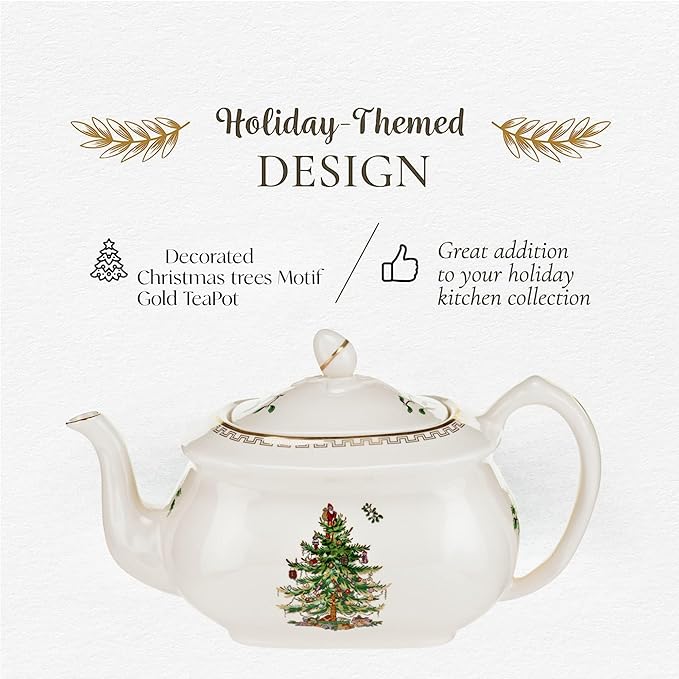 Spode Christmas Tree Gold Teapot - Elegant 36 Oz Porcelain Tea Pot with Infuser, Festive 22K Gold Accents, Christmas Tree Design - Dishwasher Safe Teapot for Holiday Tea Parties and Gifts