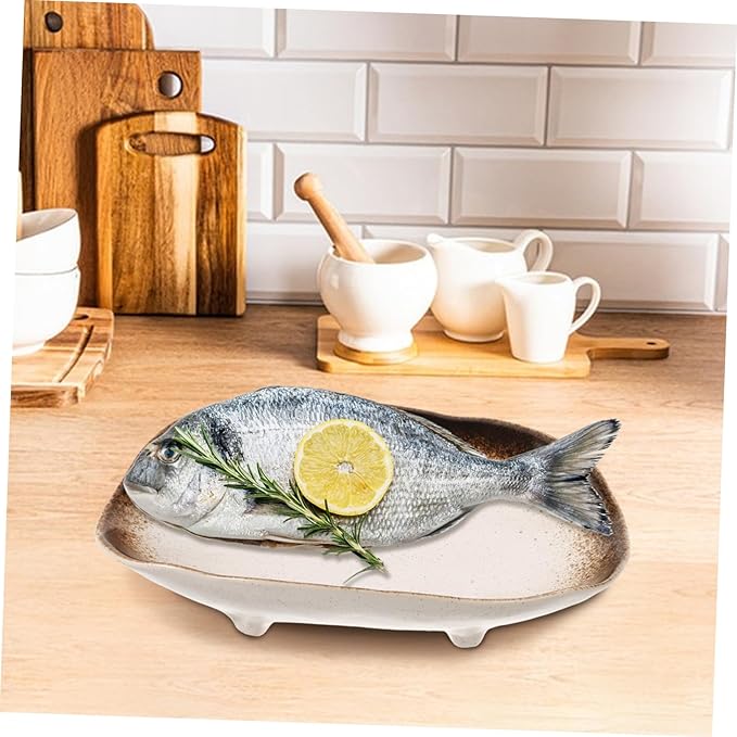 STOBAZA Irregular Fish Plate Ceramic Serving Platter with Foot Japanese Style Vintage Dish Unique Restaurant Dinnerware for Curry and Vegetables Creative Food Holder