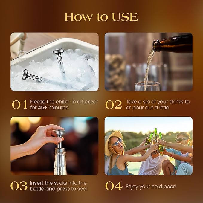 Kollea 4-Pack Beer Chiller Stick for Bottles, Wine Chiller, 3-in-1 Stainless Steel Wine Bottle Cooler Stick, Unique Father’s Day Beer Gifts for Men, Birthday, Melts Slowly to Retain Drinks Full Flavor