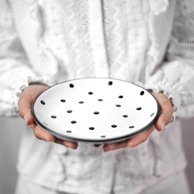 City to Cottage Handmade White And Black Pottery Polka Dot Glazed 7.9inch/20cm Side Plate, Dessert Plate, Unique Ceramic Dinnerware, Housewarming Gift