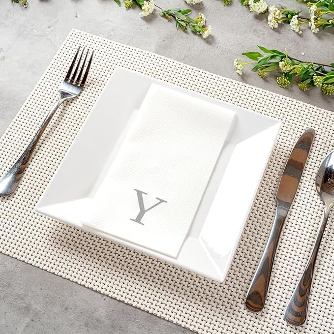 Luxenap 15.8 X 7.9 Inch Linen-Feel Guest Towels, 2000 Lettered Hand Towels - Silver Letter 'Y', Sans Serif Font, White Paper Dinner Napkins, airlaid, For Restrooms And Tables - Restaurantware