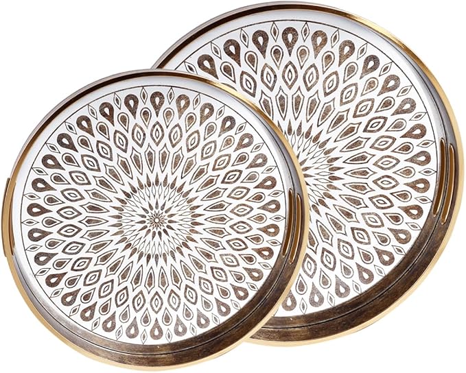 SINT Serving Tray with Antique Look & Stylish Design, Decorative Trays with Handles for Kitchen, Round Ottoman Tray for Dinning | Living Room & Home Décor | Pack of 2