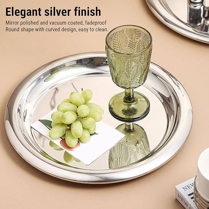 Stainless Steel Round Serving Tray, 35cm Mirror Polished Rustproof Tray with Smooth Edges for Drinks Snacks Desserts Whiskey Home Decor