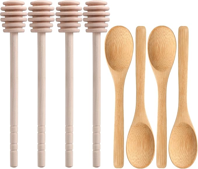 8 Pack Honey Sticks Dipper Set, 6 Inch Honeycomb Stirrer 4 Pcs with Bamboo Honey Spoons 4 Pcs, Mini Wooden Wand for Dispense Jar Drizzle and Wedding Party Decor Favors Gift