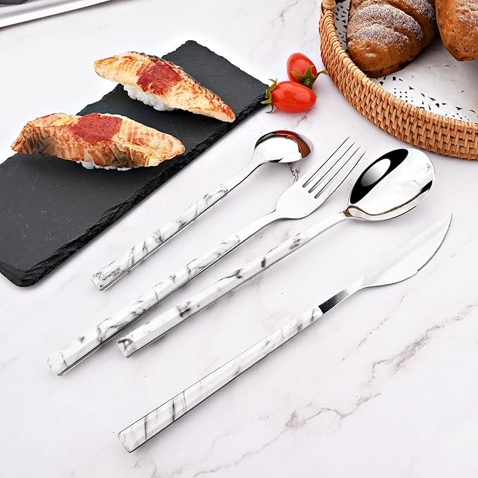 24Pcs White Imitation Marble Pattern Handle Flatware Silverware Set, Stainless Steel Cutlery Set for 6, Square Handle Eating Utensils, Mirror Polished for Home Kitchen Bar Restaurant