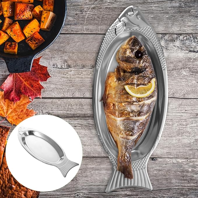 Cabilock Fish Shaped Steamed Fish Plate with Magnetic Base Stainless Steel Serving Tray 15.74 Inch Mirror Finish for Kitchen Dining and Entertaining
