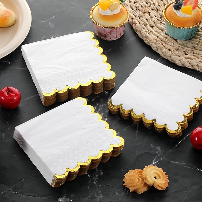 200 Pcs White and Gold Napkins, Scalloped Napkins Cocktail Napkin Paper with Gold Foil Disposable Beverage Napkin Golds Cocktails Napkines Bulk for Dinner Wedding Birthday Party Beverage