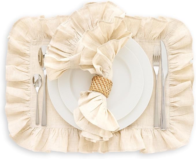 Solino Home Linen Placemats Set of 4-100% Pure Linen Light Natural Placemats 14 x 19 Inch - Gabrielle Ruffle, Handcrafted and Machine Washable