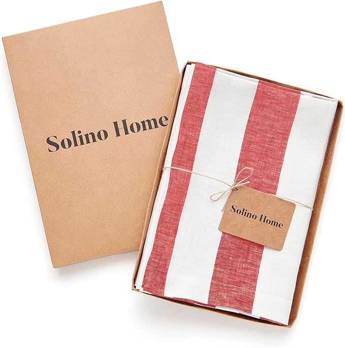Solino Home Linen Napkins Set of 4-100% Pure Linen Cabana Stripe Red and White Cloth Dinner Napkins 20 x 20 Inch for Christmas, Holiday, Winter, New Year - Handcrafted and Machine Washable