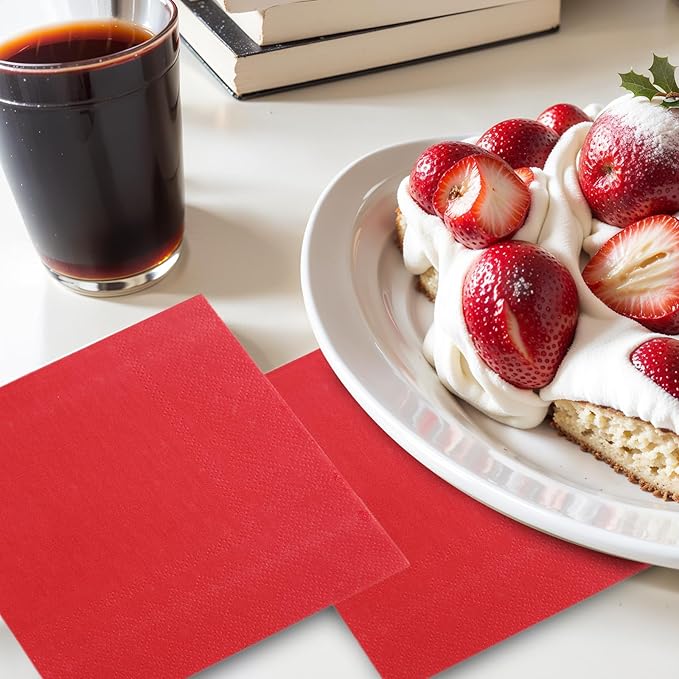 FLOWERCAT 100-Count 2-Ply Christmas Napkins & Red Cocktail Napkins - Napkins Disposable Premium Quality - 5" x 5" Red Paper Napkins for Birthday Party & Valentine's Day,Bar,Weddings