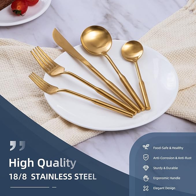 Matte Silverware Eating Utensils Set, 20-Piece Stainless Steel Flatware Set, Kitchen Utensil Set Service for 4, Durable Home Kitchen Silverware,Luxury Cutlery Set. (Gold, 20)