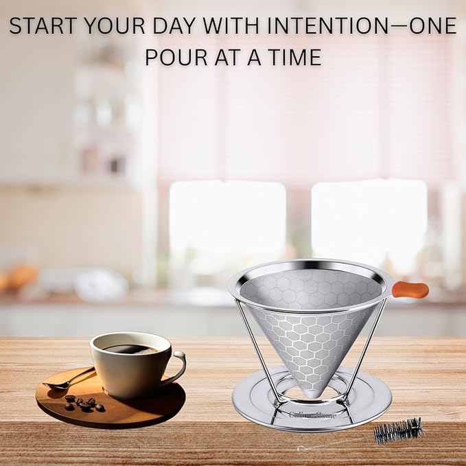 First Time Home Buyers Essentials - Reusable Stainless Steel Pour over Coffee Dripper Bundle with Stainless Steel Scoop for Ground Coffee - 1/8 Cup, 2 Tablespoon or 1 oz Scoop