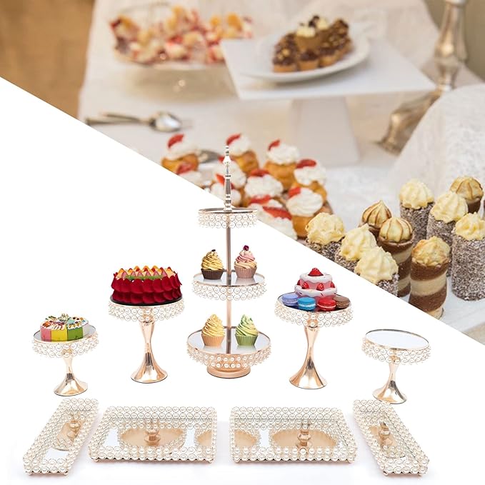 9 Pcs Crystal Metal Cake Stand, Dessert Tower Plate Holder Cupcake Display, Round Cupcake Stands with Crystal Bead for Wedding, Birthday Party, Event