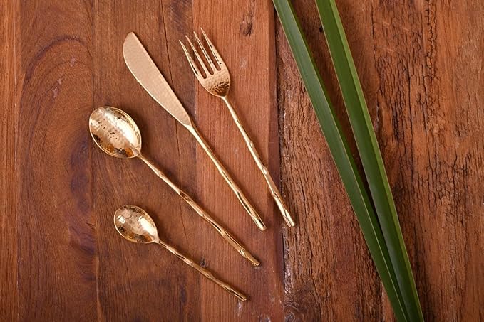 DeKulture Handmade Pure Brass 4-Piece Cutlery Set: Gold Flatware for Dining & Serving