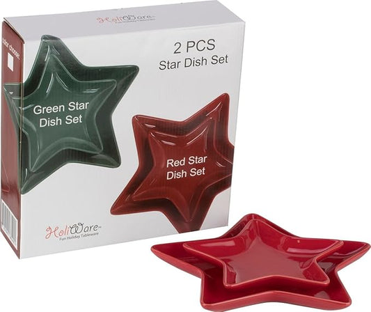 Holiware - Fun Holiday Dinnerware Set of 2 Ceramic Red Star Shaped Dishes Service Candy/Dessert/Plates/Dishes