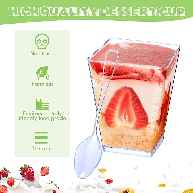 Zhehao 300 Packs 3 oz 5.6 oz Mini Dessert Cups with Spoons Plastic Parfait Appetizer Shooter Yogurt Cups Disposable Clear Square Dessert Serving Containers(Simple Style,Clear)