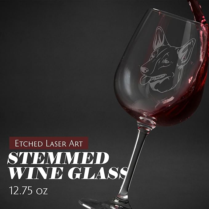 Etched Laser Art Australian Kelpie Personalized Dog Themed Etched 12.75oz Wine Glass Custom Dog Breed Wine Glasses, Ideal for Pet Lovers, Unique Birthday Gift for Men & Women, Personalized Gift