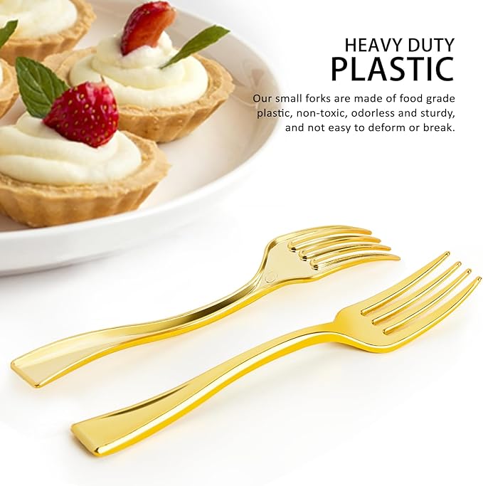Qeirudu 4 Inch Gold Plastic Mini Forks, 100 Pack Disposable Appetizer Forks Heavy Duty Tiny Forks for Party Small Desserts, Charcuterie, Samples, Cocktails and Strawberries