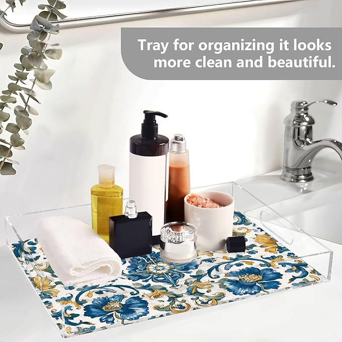 Serving Tray with Handles Clear Acrylic Tray 12x16 Inch Decorative Rectangular Tray Organizer for Ottoman Coffee Table Bathroom Floral Blue and Yellow Tile