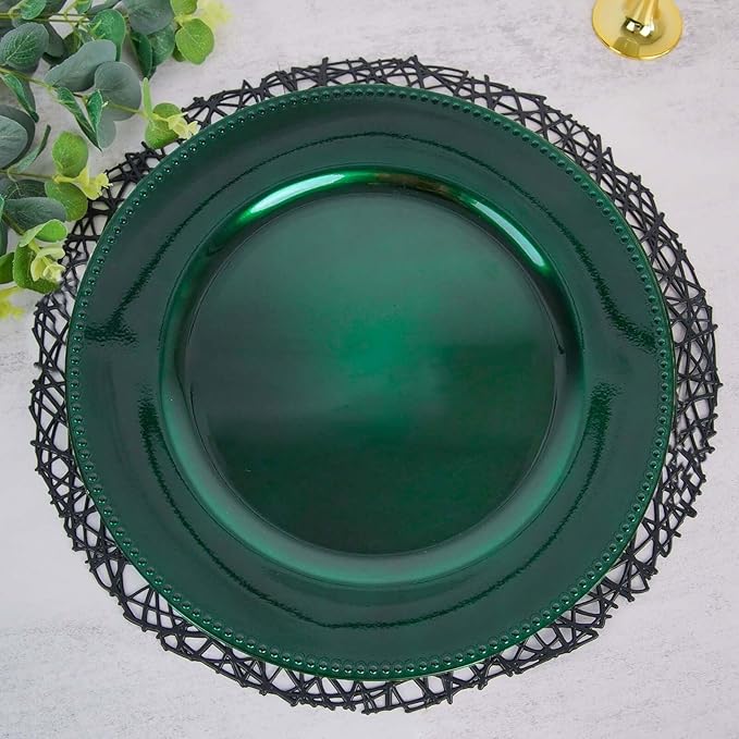 13" Charger Plates -Set of 12 - Acrylic Hunter Green Round Beaded Disposable Chargers, Ideal for Dinner Party Wedding Bulk Events Tabletop Decoration
