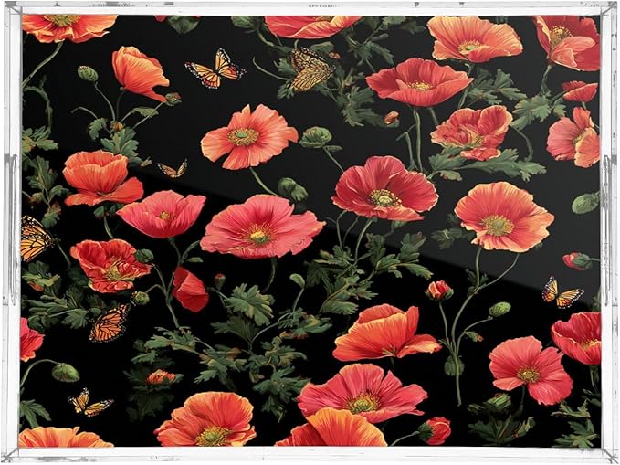 Serving Tray with Handles Clear Acrylic Tray 12x16 Inch Decorative Rectangular Tray Organizer for Ottoman Coffee Table Bathroom Black Poppy Butterfly
