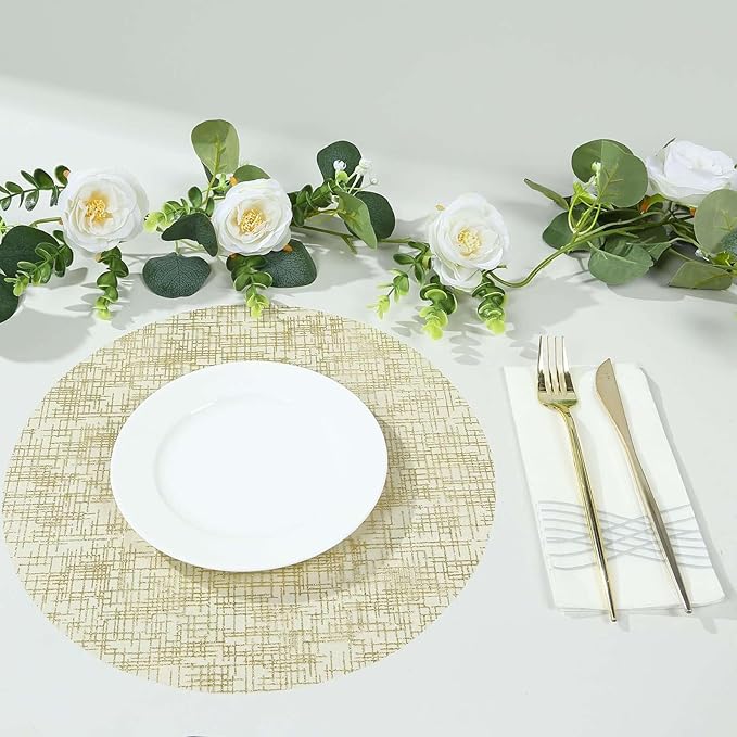 50 Pack 13" Gold Glitter Mesh Placemats - Round Disposable Durable Perfect for Parties and Events