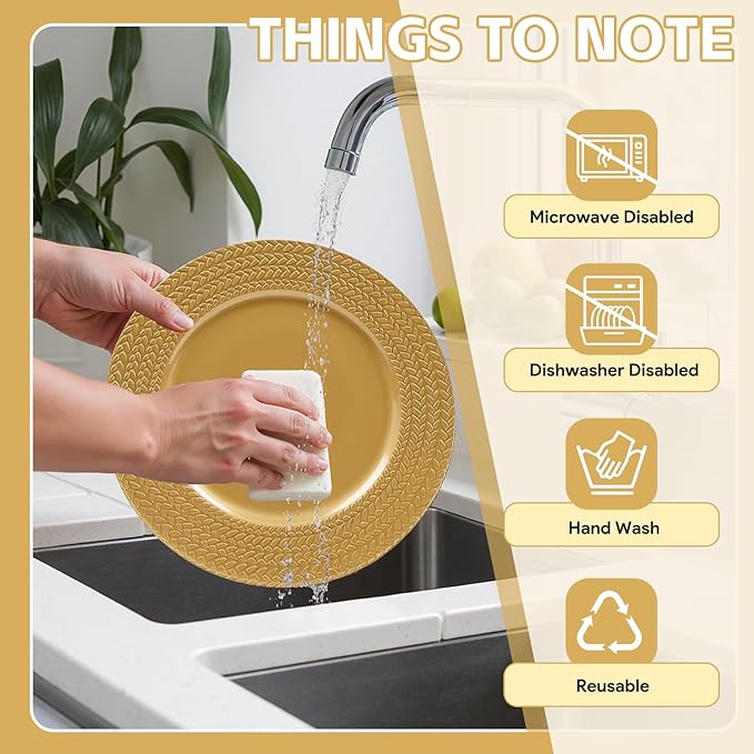 PROY 100 Pcs Gold Charger Plates Bulk,13 Inch Leaf Trim Antique Charger Plate, Plastic Reusable Round Charger Platters for Table Setting, Wedding, Party, Event