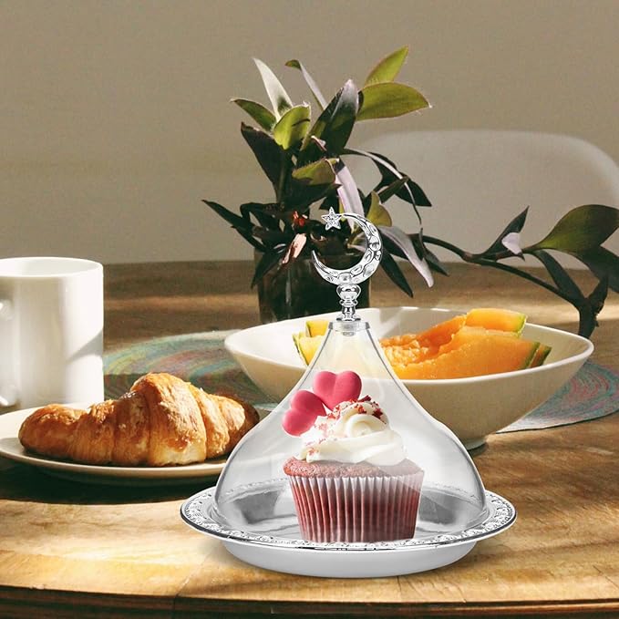 Zerodeko Eid Mubarak Cake Stand with Dome Lid Ramadan Cake Plate with Acrylic Cover Metal Muslim Dessert Holder Serving Tray for Eid Mubarak Party, 17x17cm, Silver, E191567BN3